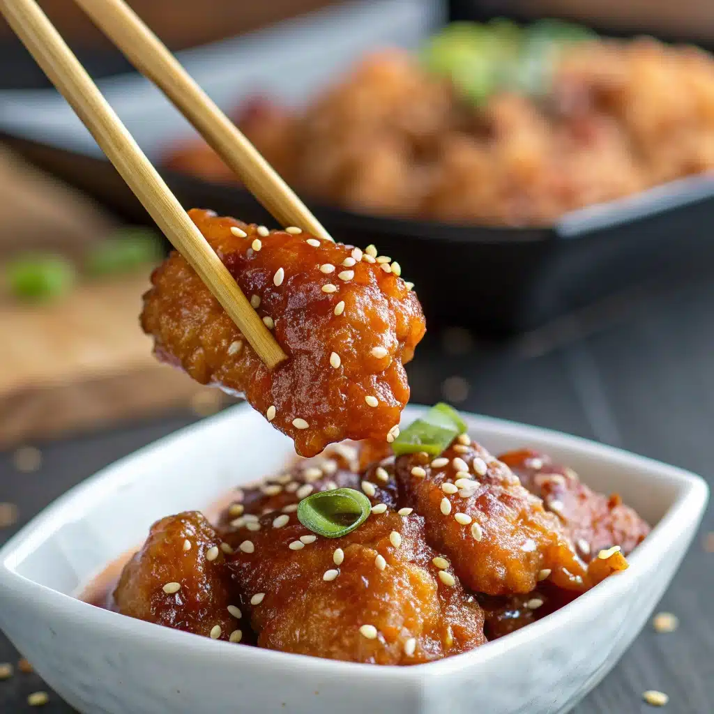 A close-up of a single piece of crispy, glossy Honey Sesame Chicken.