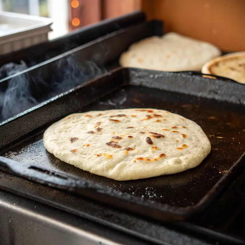 A single Gluten-Free Flatbread cooking and puffing up in a hot griddle pan.