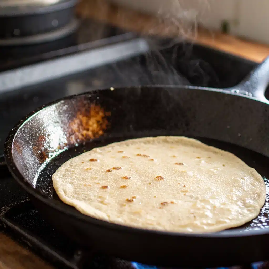 A Gluten-Free Tortilla cooking and puffing up with bubbles in a hot cast-iron skillet.