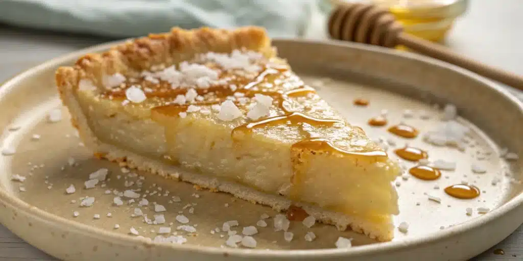 A slice of creamy Salted Honey Pie topped with flaky sea salt.