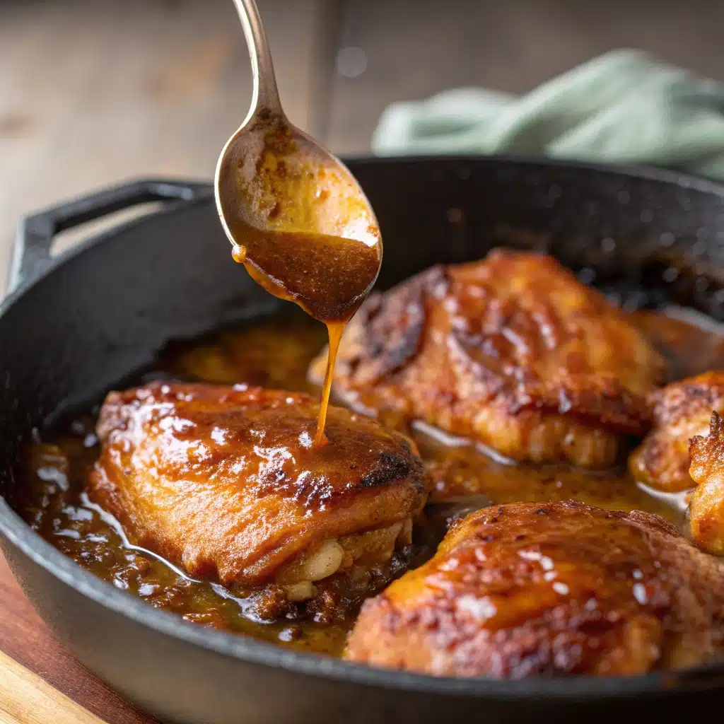  Pouring sticky apple cider glaze over cooked chicken thighs.
