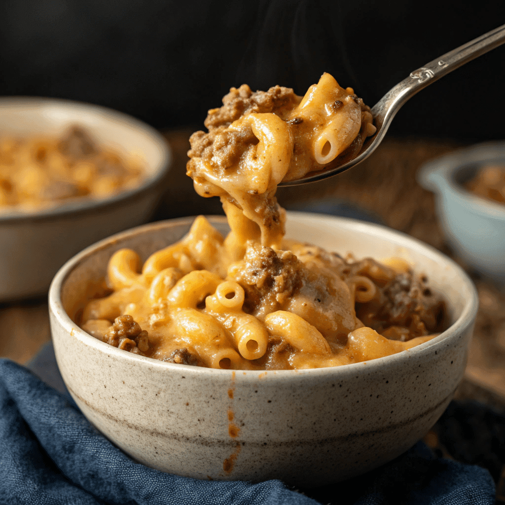 A close-up spoonful of creamy and cheesy Gluten-Free Hamburger Helper.