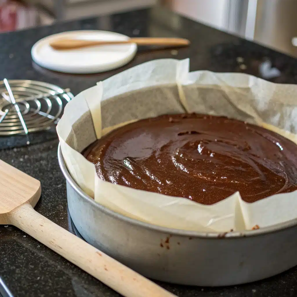 The unbaked Chocolate Pumpkin Torte batter in a parchment-lined springform pan.