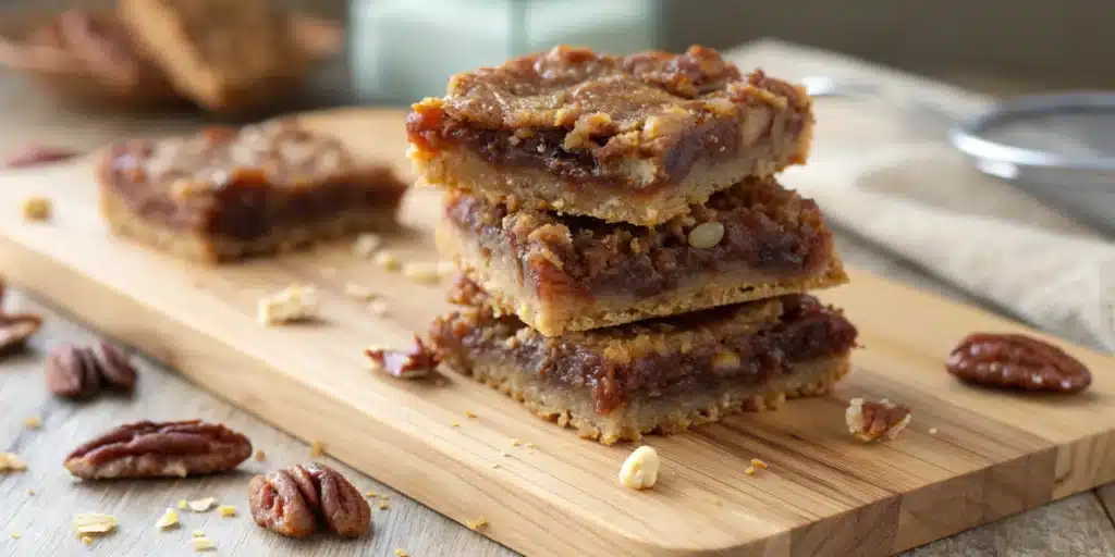 A stack of gooey Healthy Pecan Pie Bars on a wooden board.