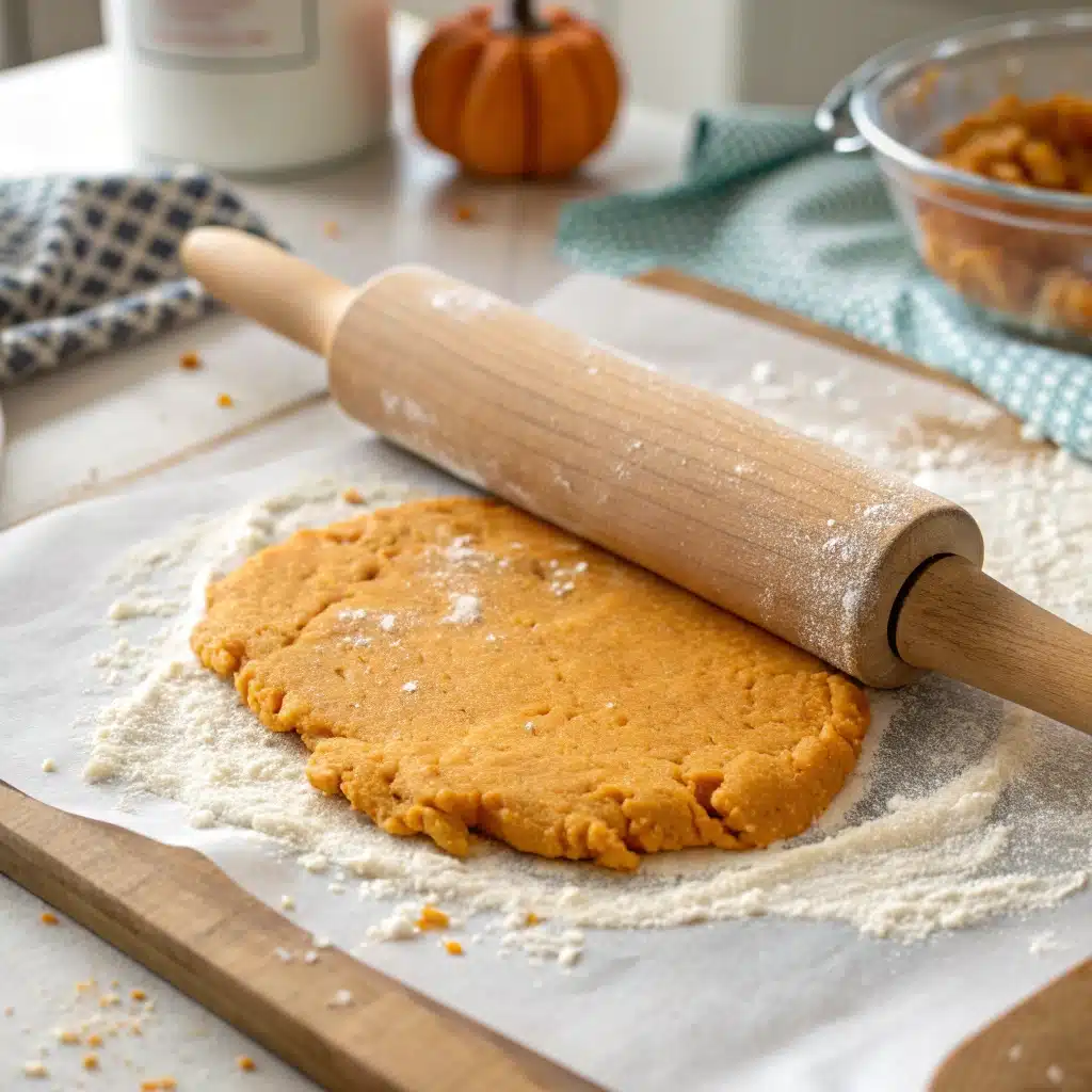 Rolling out the sticky dough for Gluten-Free Pumpkin Cinnamon Rolls on floured parchment paper.