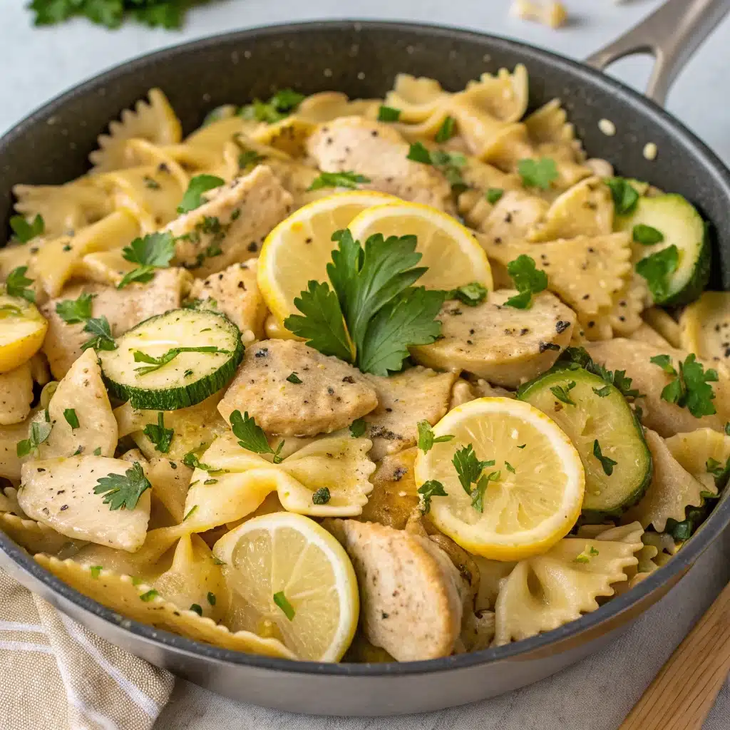 The finished one-pan Lemon Chicken Pasta in a skillet, ready to be served.
