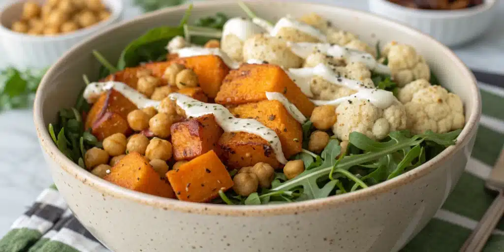 A vibrant Glow Bowl Recipe with roasted vegetables and tahini sauce.