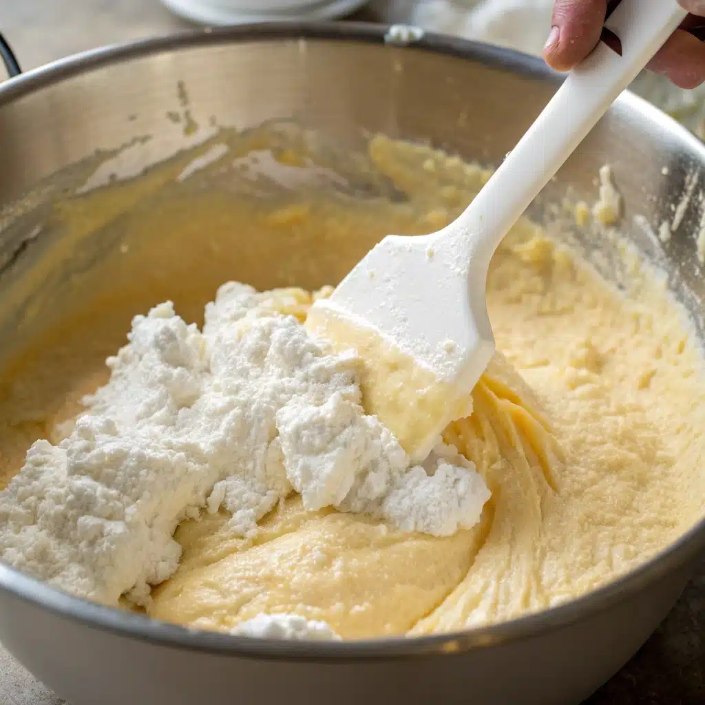 Gently folding whipped egg whites into the almond batter for the Flourless Lemon Almond Cake.