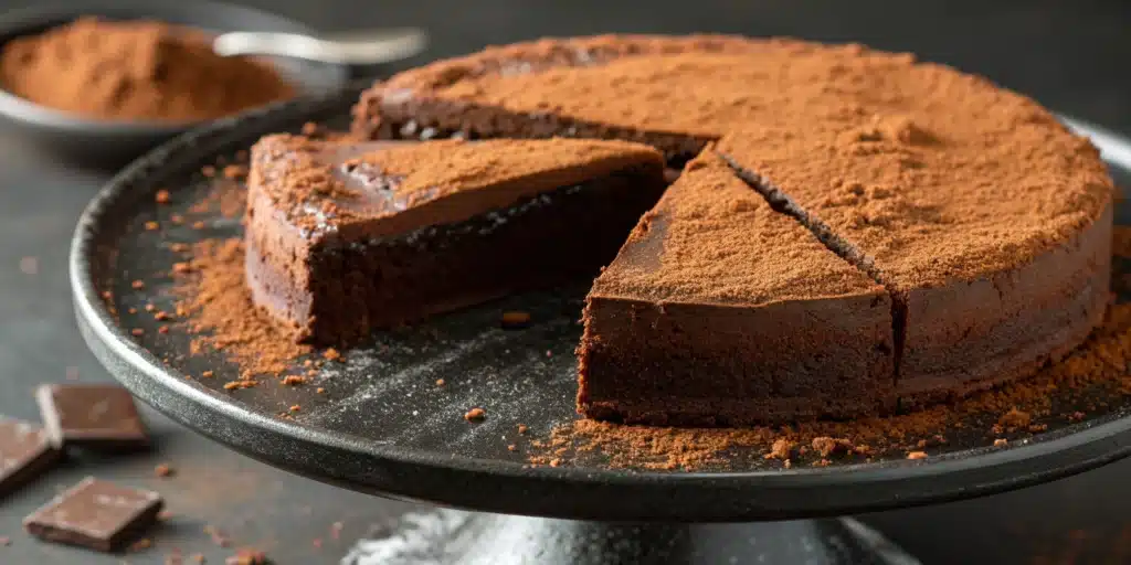 A whole Flourless Chocolate Pumpkin Torte dusted with cocoa powder.
