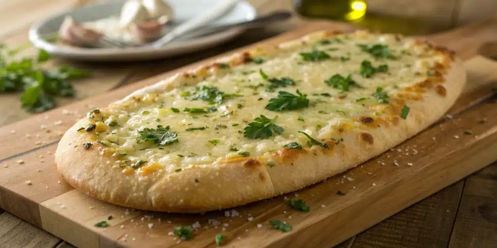 A whole Garlic Gluten Free Pizza Bread on a wooden board, topped with parsley.