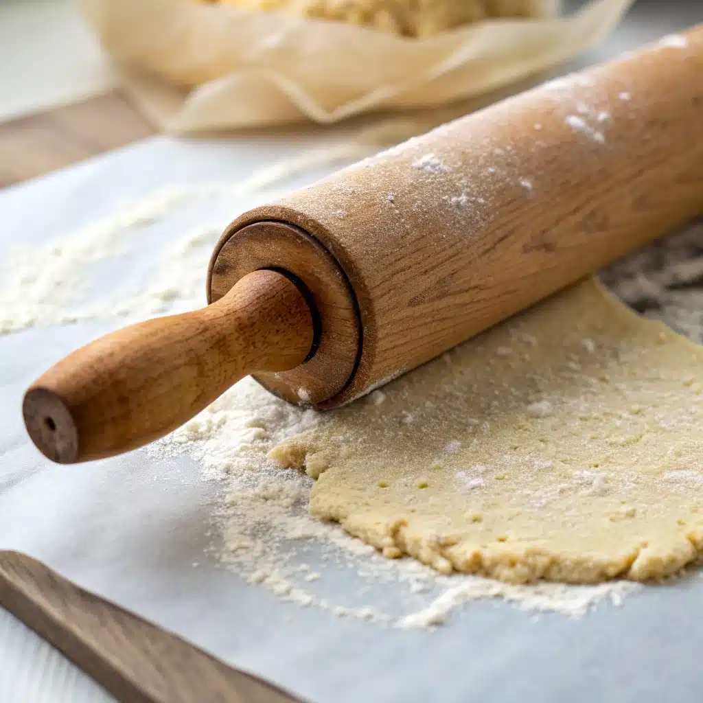 Rolling out the almond flour cracker dough thinly between two sheets of parchment paper.
