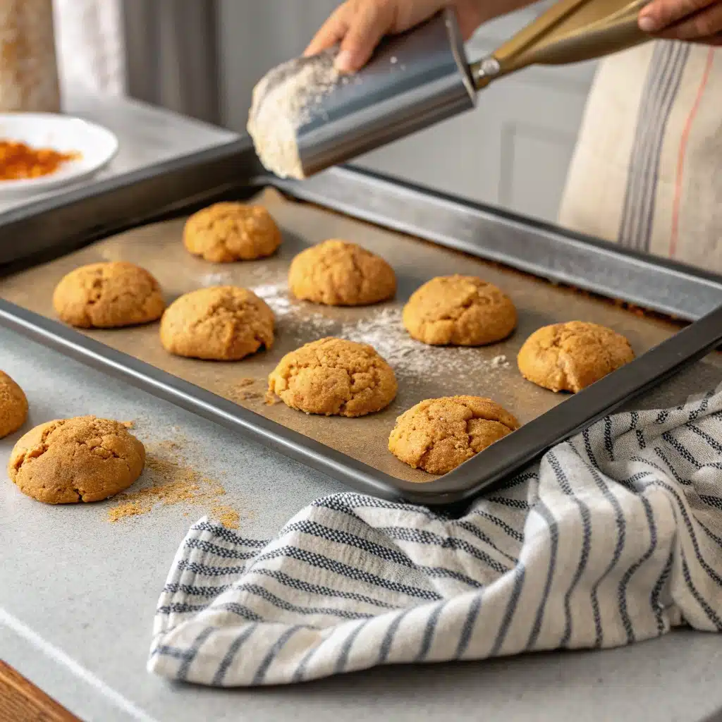Tapping a hot baking sheet of cookies on the counter to make them deflate.