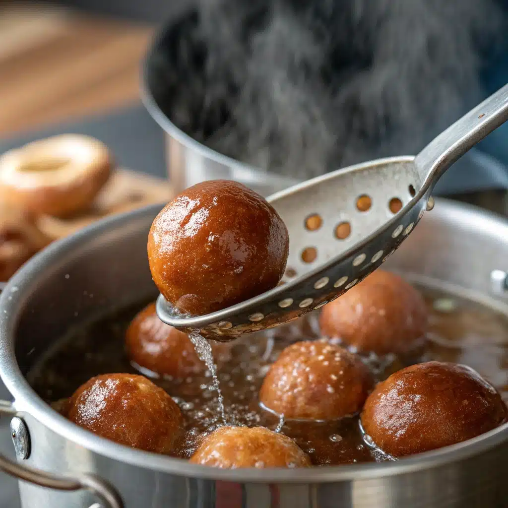 Lifting Gluten Free Soft Pretzel Bites out of a boiling baking soda bath with a slotted spoon.