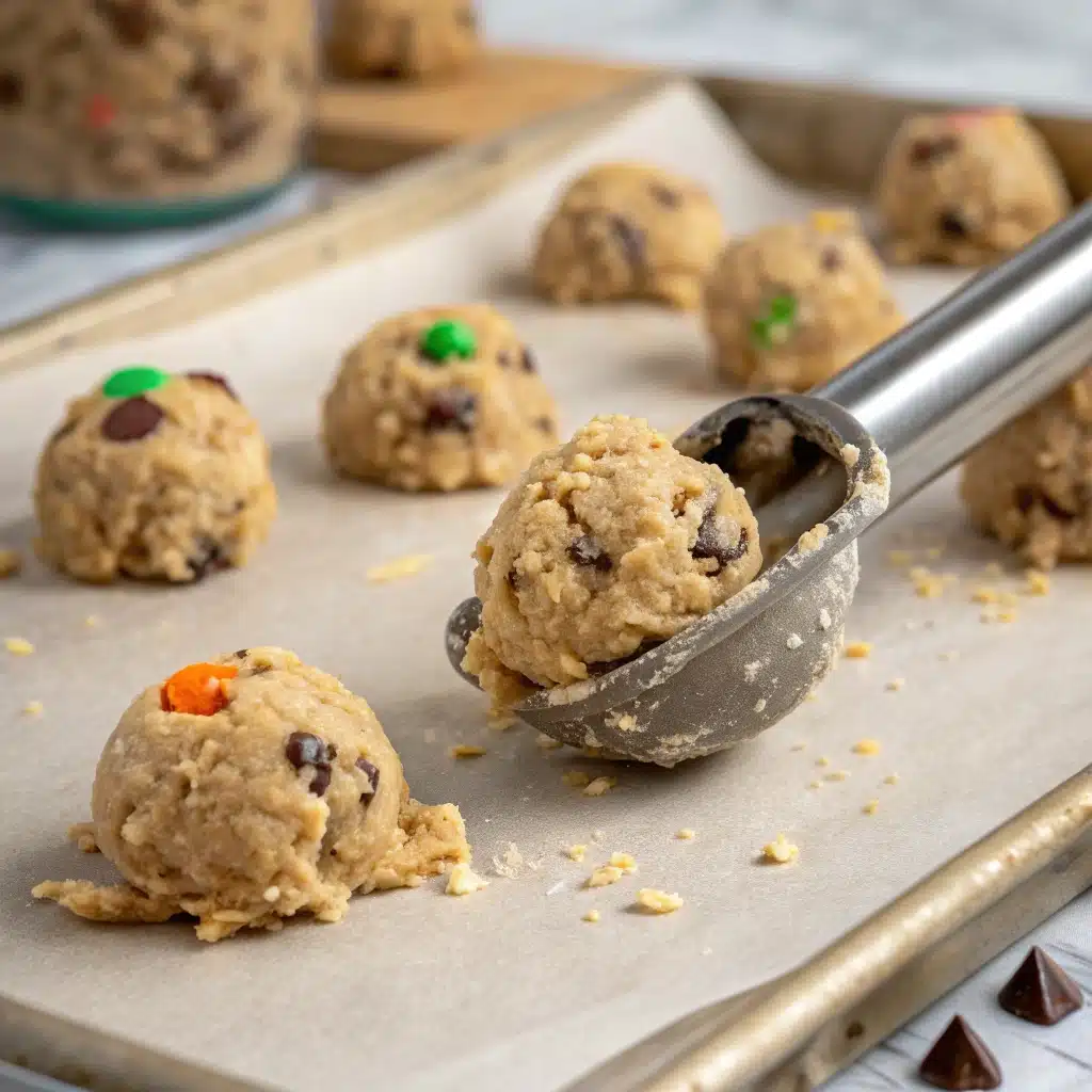 Scooping a ball of Gluten Free Monster Cookie dough onto a baking sheet.