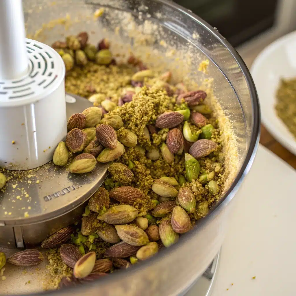  Pistachios being blended in a food processor.