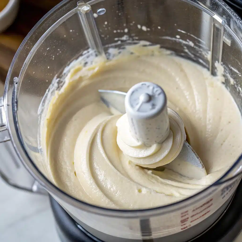 Blending soaked cashews and broth into a smooth, creamy sauce in a blender.