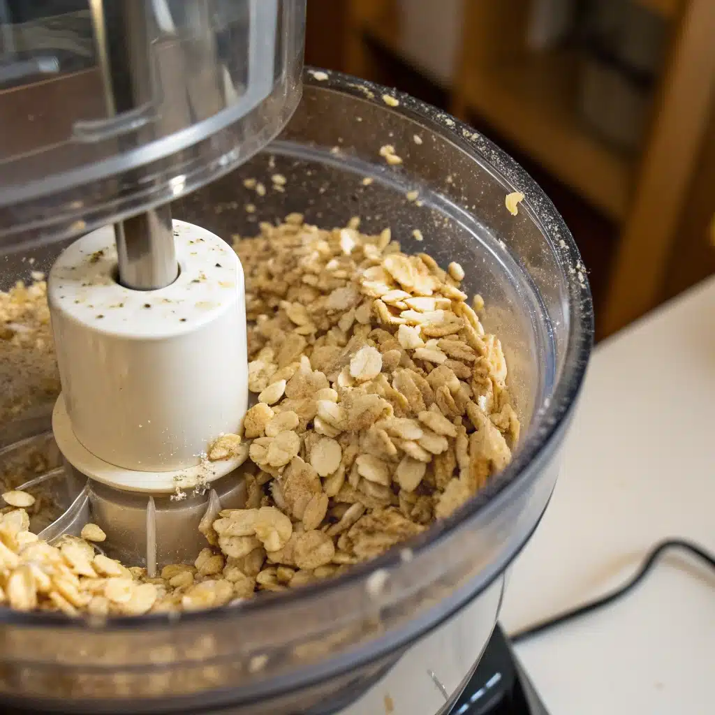 Rolled oats being processed in a food processor for pie crust.