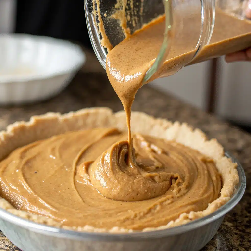 Pouring the creamy peanut butter filling into the crust.