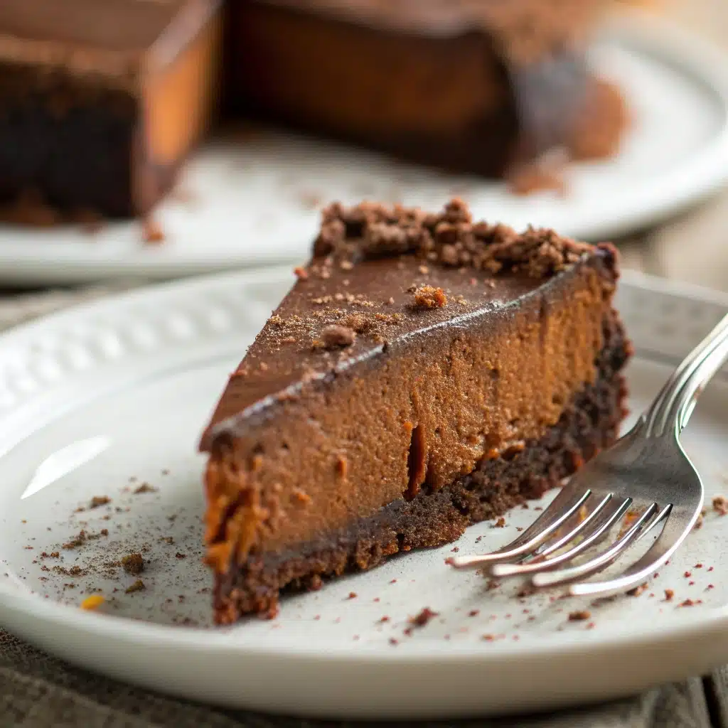 A close-up slice of dense Chocolate Pumpkin Torte.