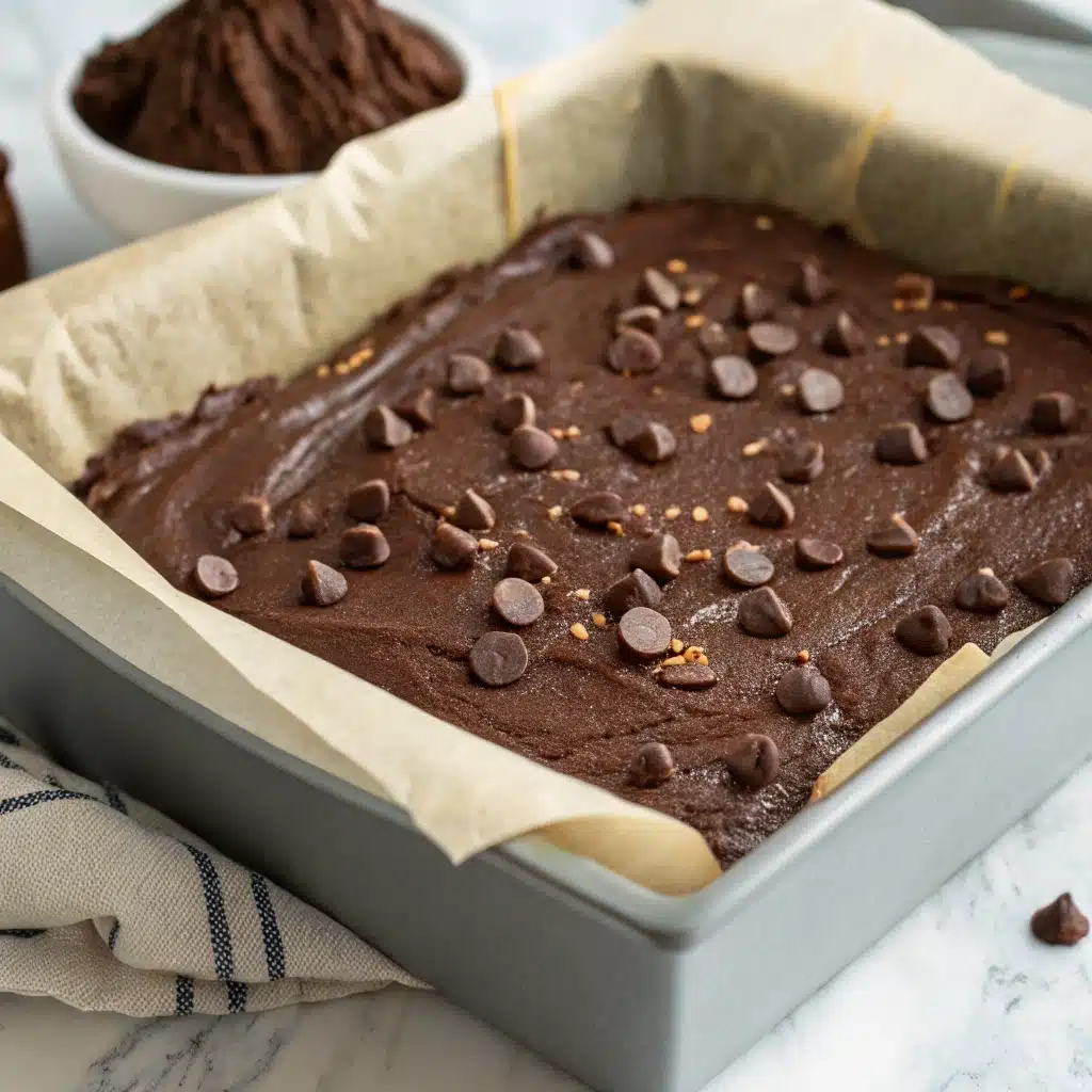 Sweet Potato Brownie batter in a pan, topped with pecans and ready to bake.