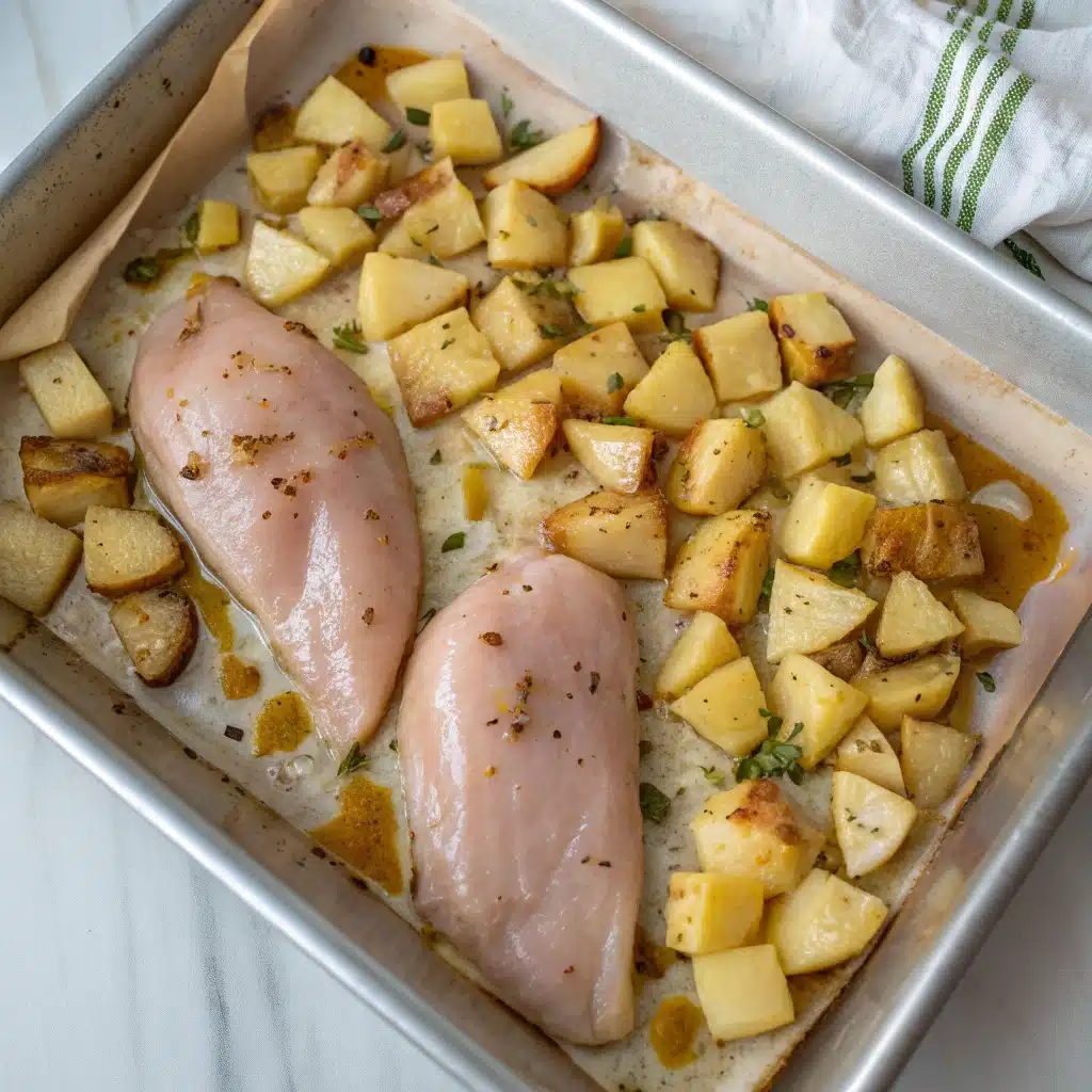 Raw chicken and potatoes on a sheet pan, coated in garlic butter sauce, ready to bake.