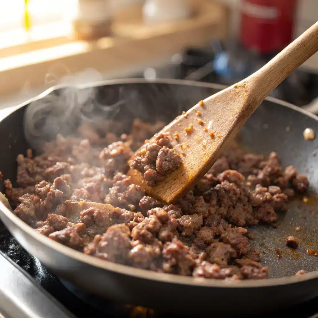 Browning ground beef in a skillet with a wooden spoon for Hamburger Helper.