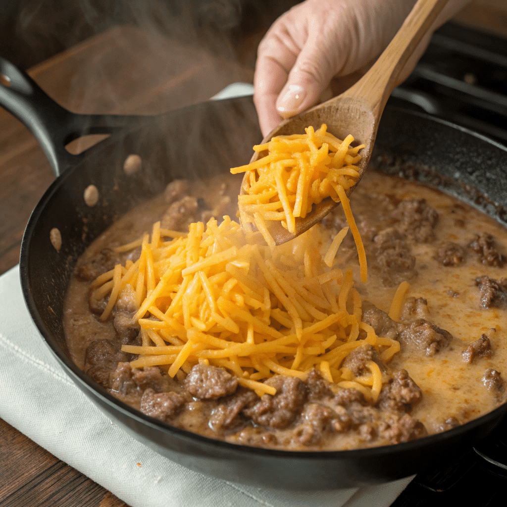 Stirring shredded cheese into the finished skillet of Gluten-Free Hamburger Helper.