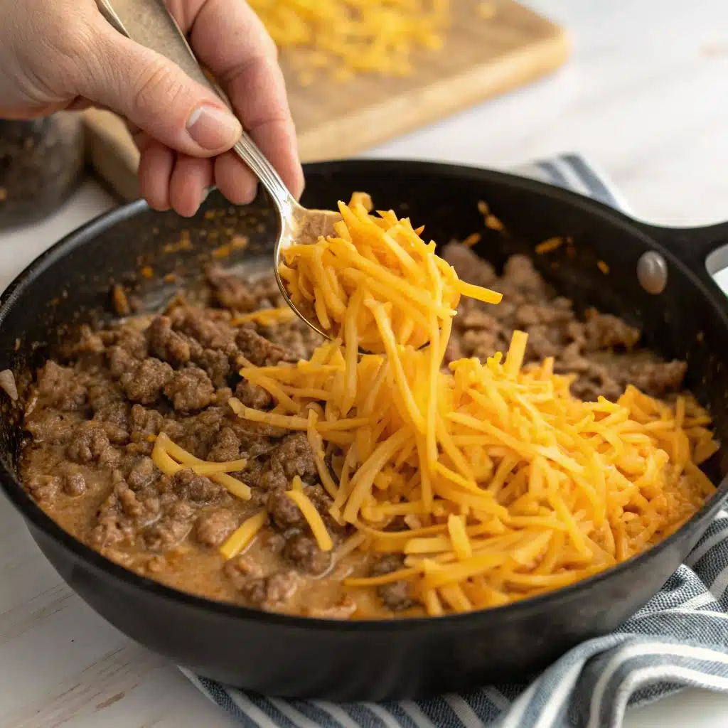 Stirring shredded cheese into the finished skillet of Gluten Free Hamburger Helper.