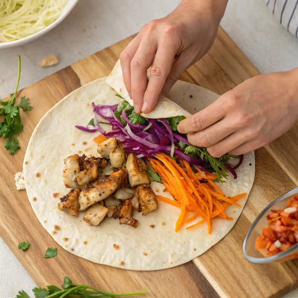 Assembling a Gluten-Free Chicken Wrap with fresh vegetables and grilled chicken on a tortilla.