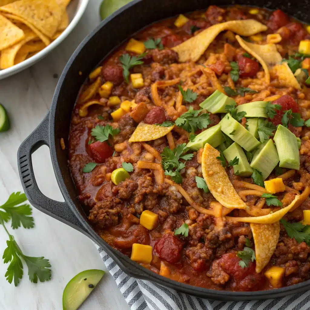 A finished Ground Beef Enchilada Skillet in a pan, before adding fresh toppings.