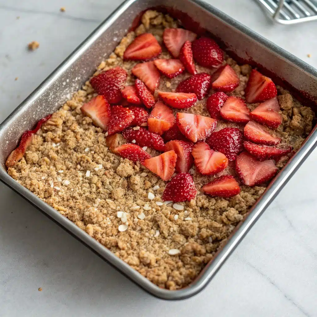 The unbaked Strawberry Oatmeal Crumble Bars in a pan, ready for the oven.