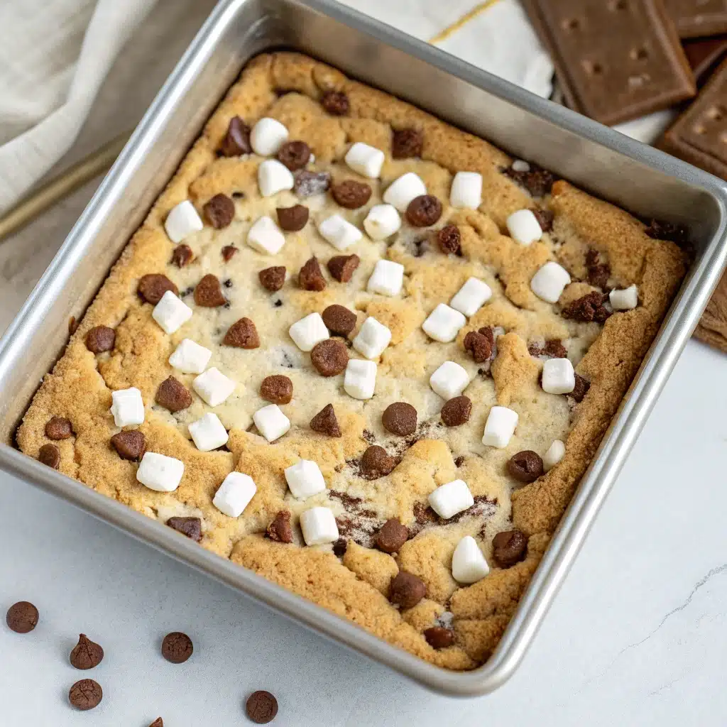  The unbaked S'mores Cookie Bars in a pan, layered and topped with dough, ready for the oven.