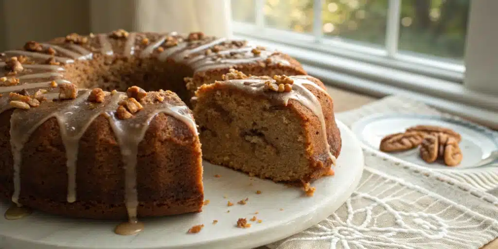 A beautiful, whole Gluten-Free Walnut Cinnamon Cake on a cake stand with a slice cut out.