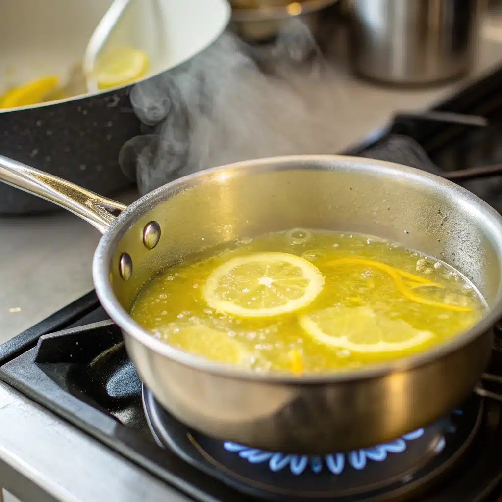 Simmering lemon, honey, and turmeric mixture in a saucepan.