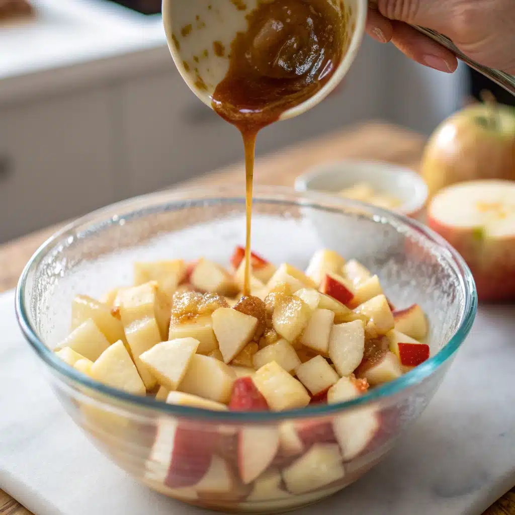 Tossing diced apples in a bowl with a maple syrup and cinnamon mixture.