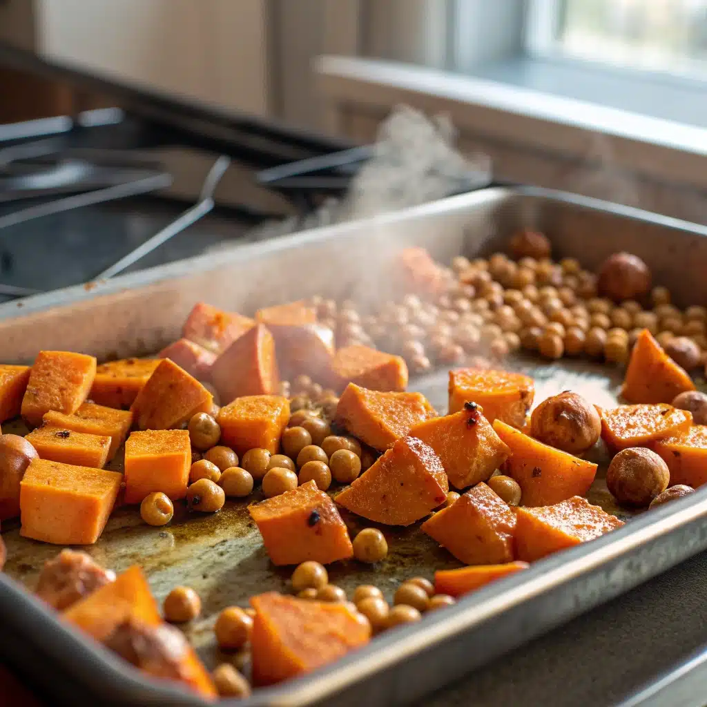 Roasted sweet potatoes and chickpeas on a baking sheet