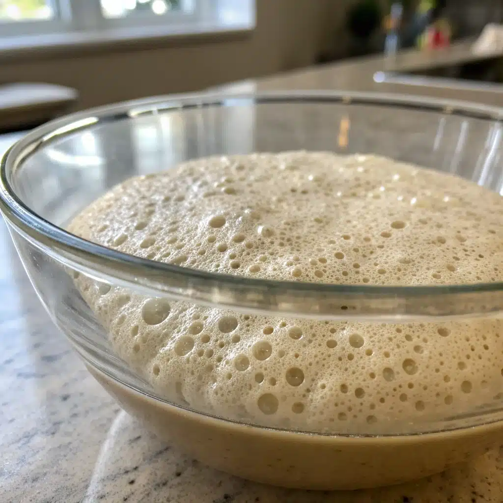 A bubbly yeast preferment mixture in a bowl for gluten free bread.