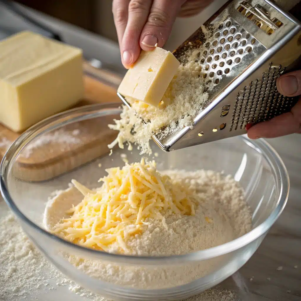 Grating frozen butter into gluten free flour for cruffin dough.