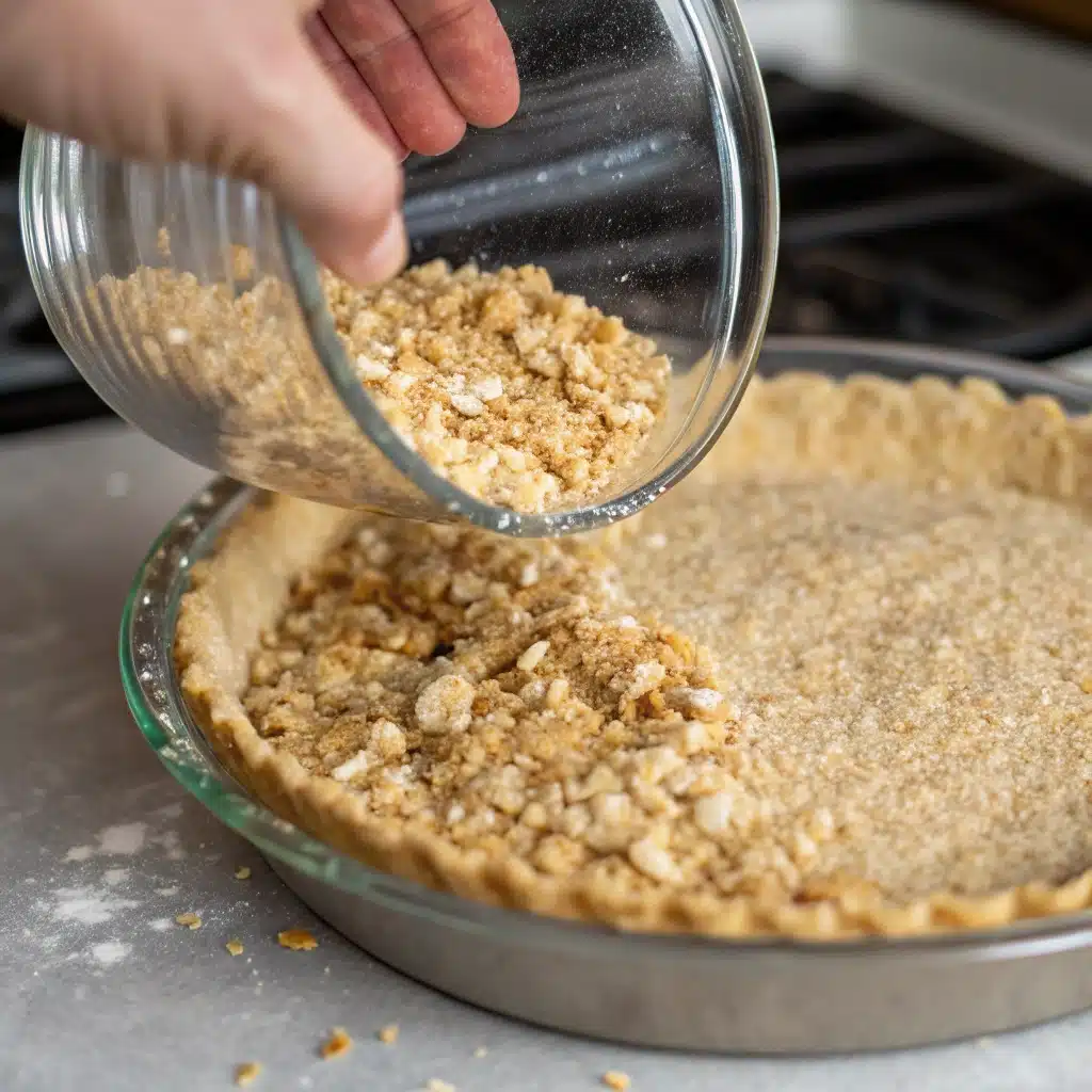 Pressing the oatmeal crust mixture into a pie pan using a glass.