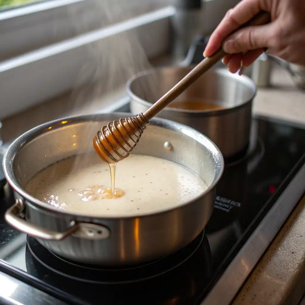 Whisking honey and oat milk in a saucepan for the pie filling.