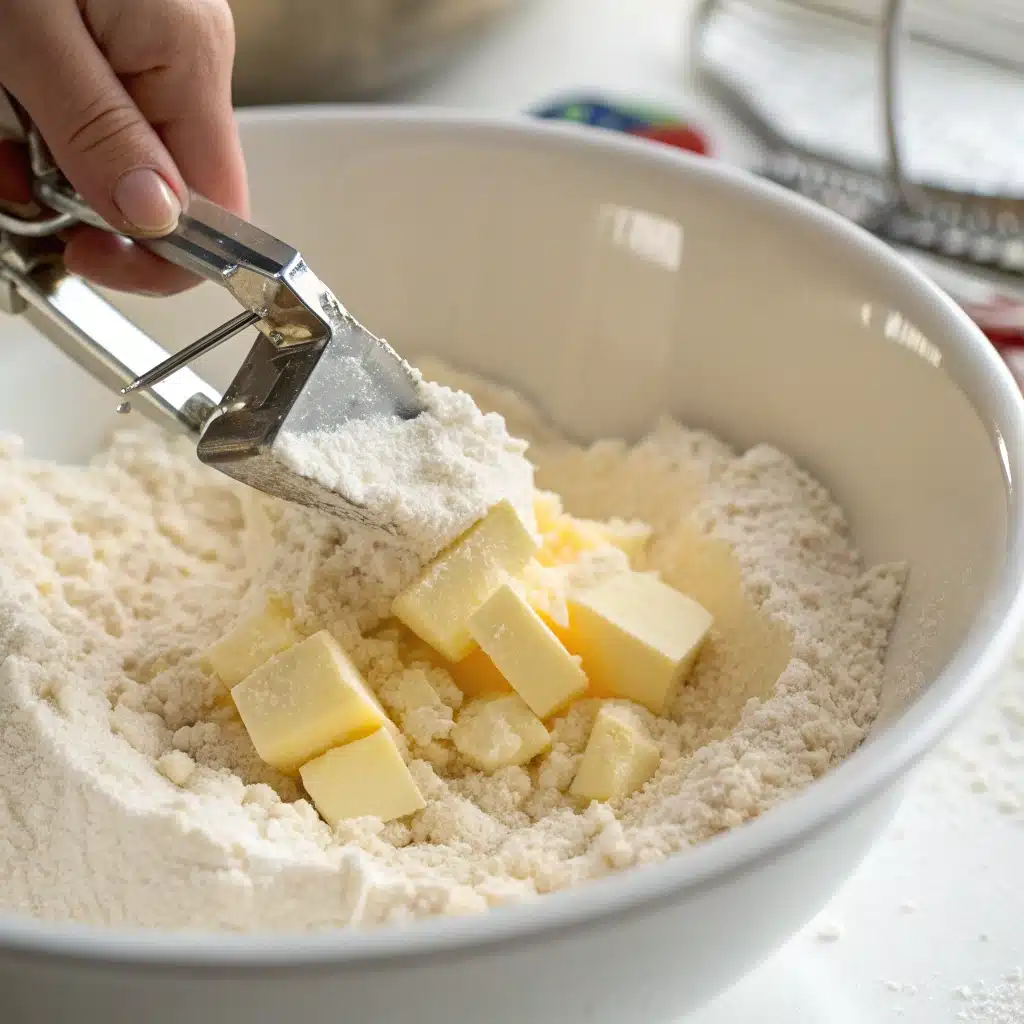  Cutting cold butter into gluten free flour with a pastry blender.