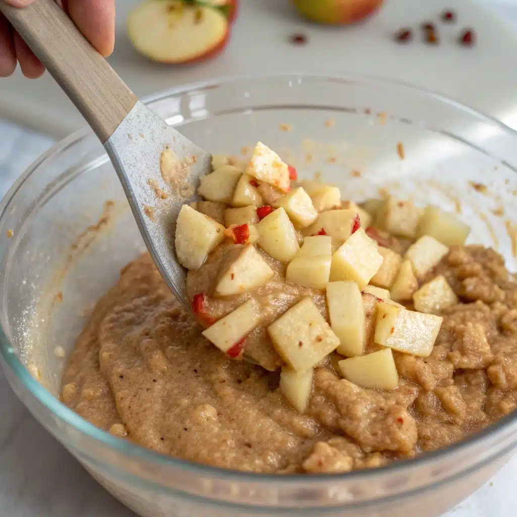 Folding diced apples into the spiced gluten free muffin batter.