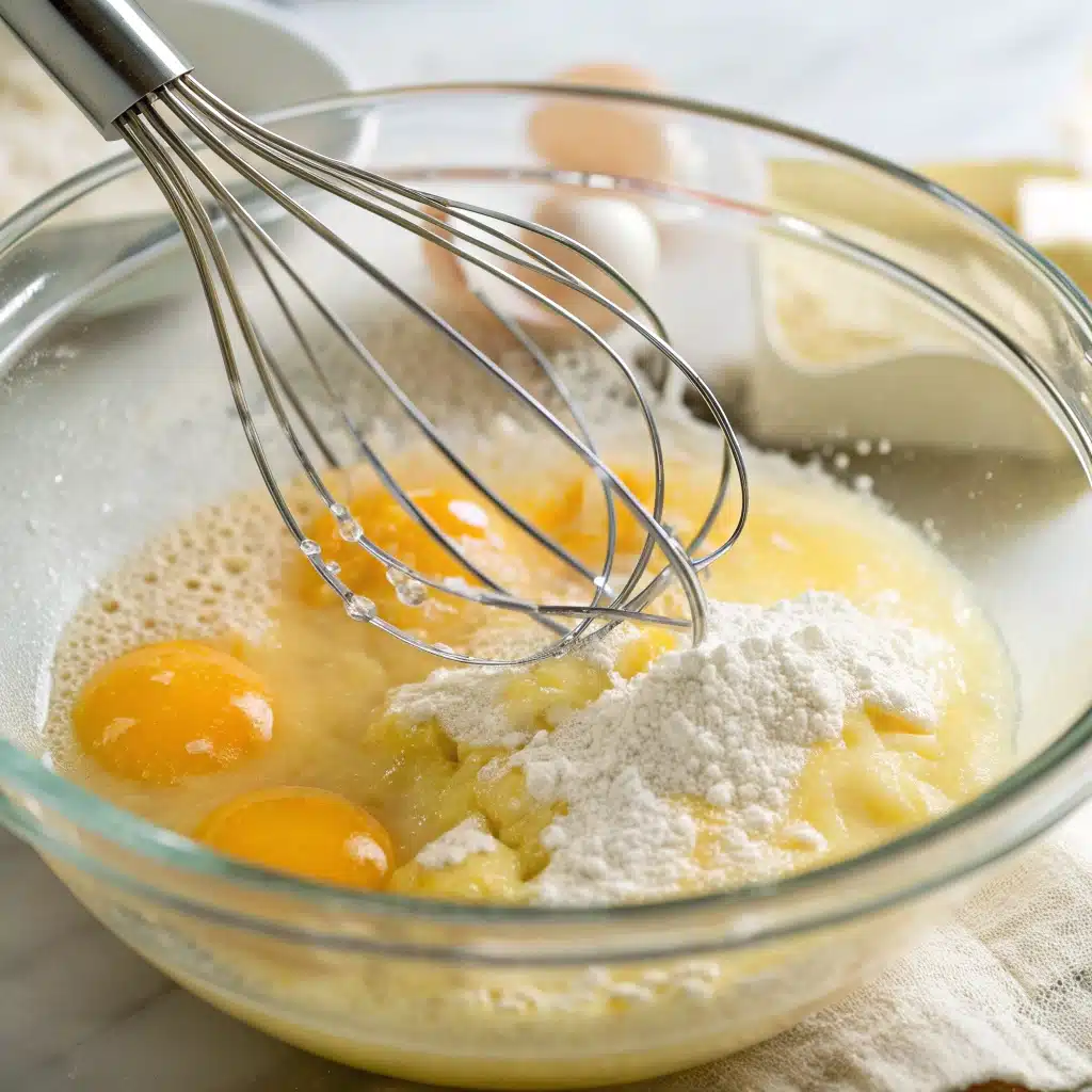  Whisking eggs and sugar until pale and thick for the cake batter.