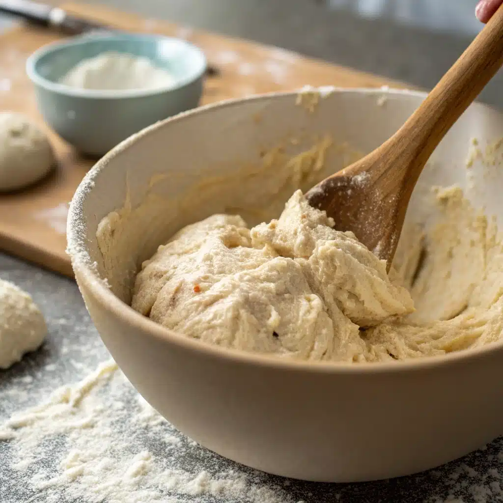 Mixing the thick and sticky gluten-free pizza dough in a bowl.