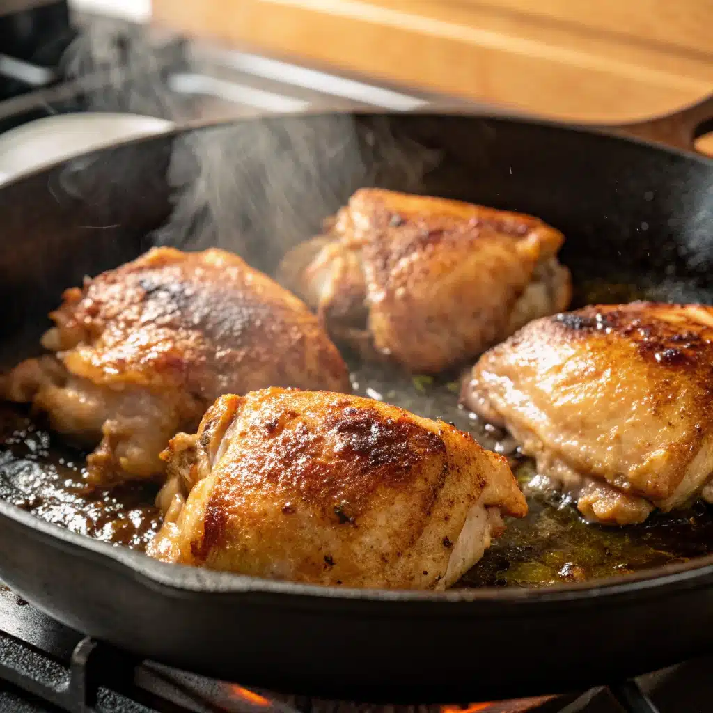 Chicken thighs searing in a skillet to get crispy skin.
