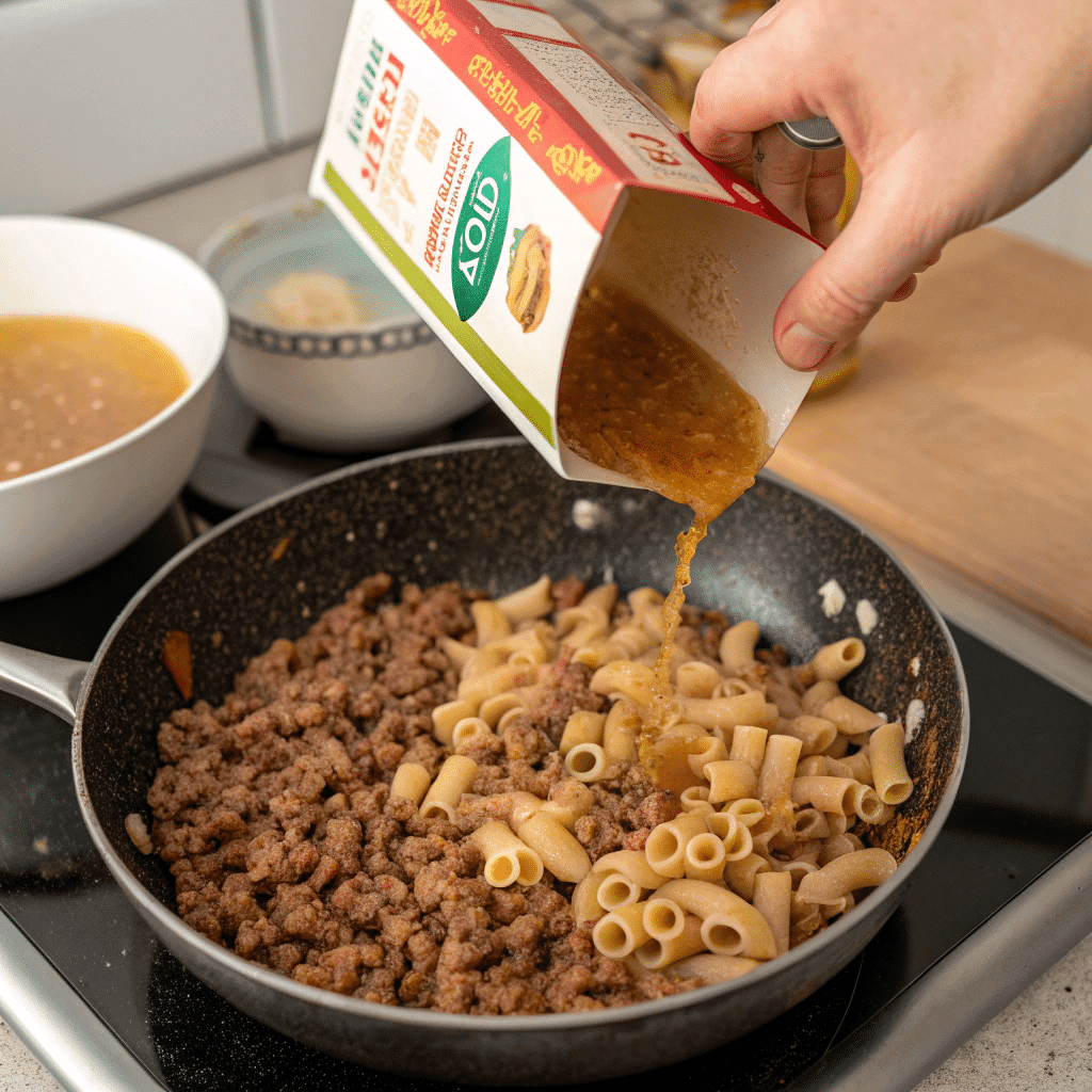 Adding dry gluten-free pasta and broth to the skillet with browned ground beef.