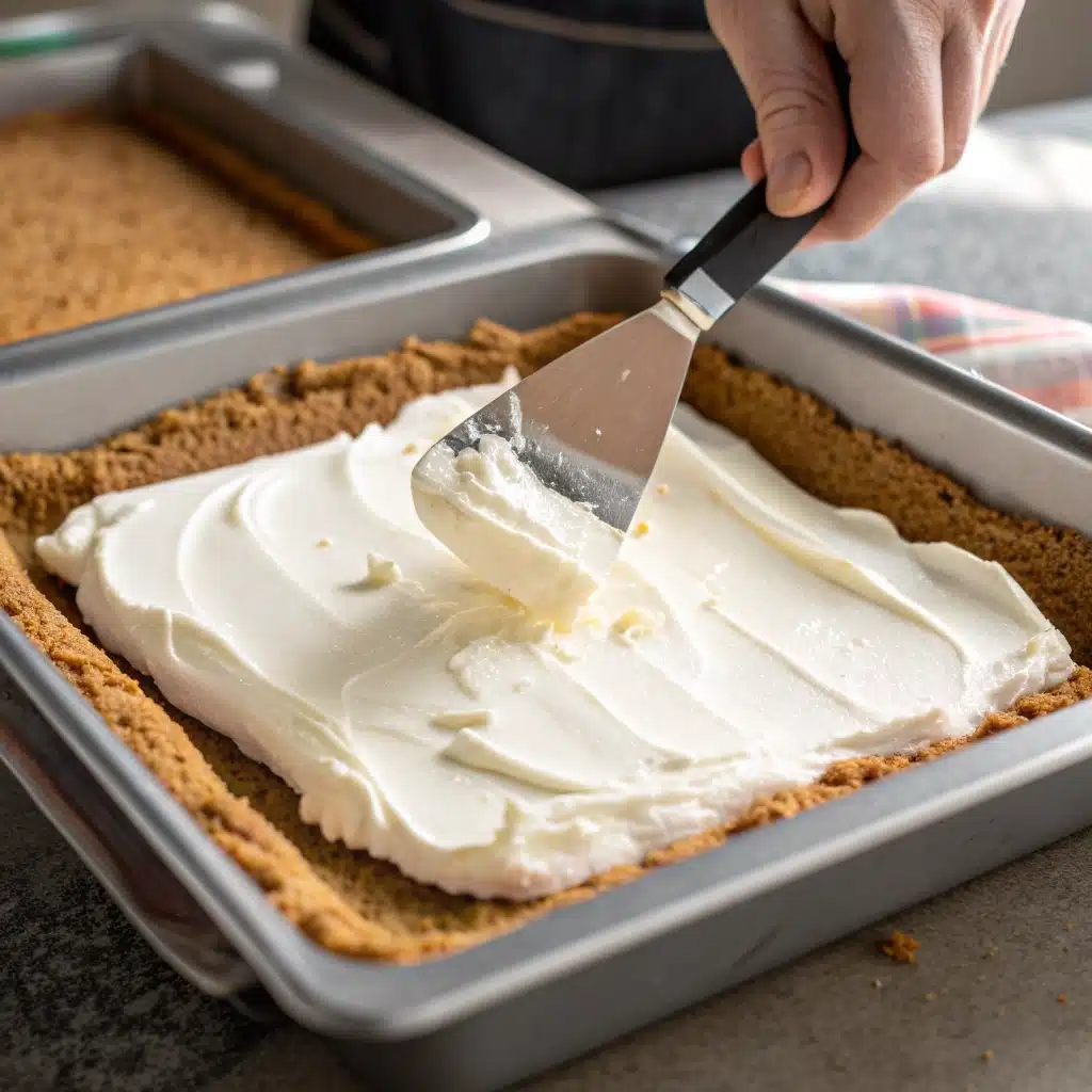 Spreading a thick layer of sticky marshmallow creme over the cookie dough base in a pan