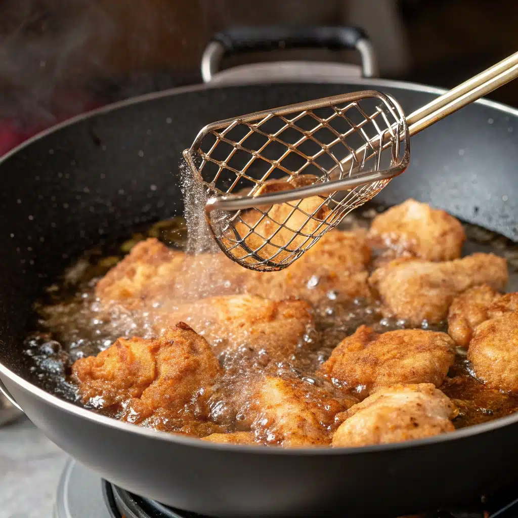 Frying battered chicken pieces in hot oil until they are golden and crispy.