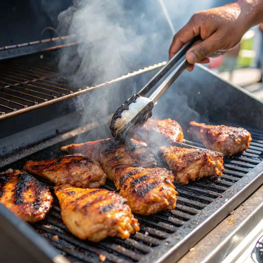 Marinated chicken thighs sizzling on a hot grill to get char marks.