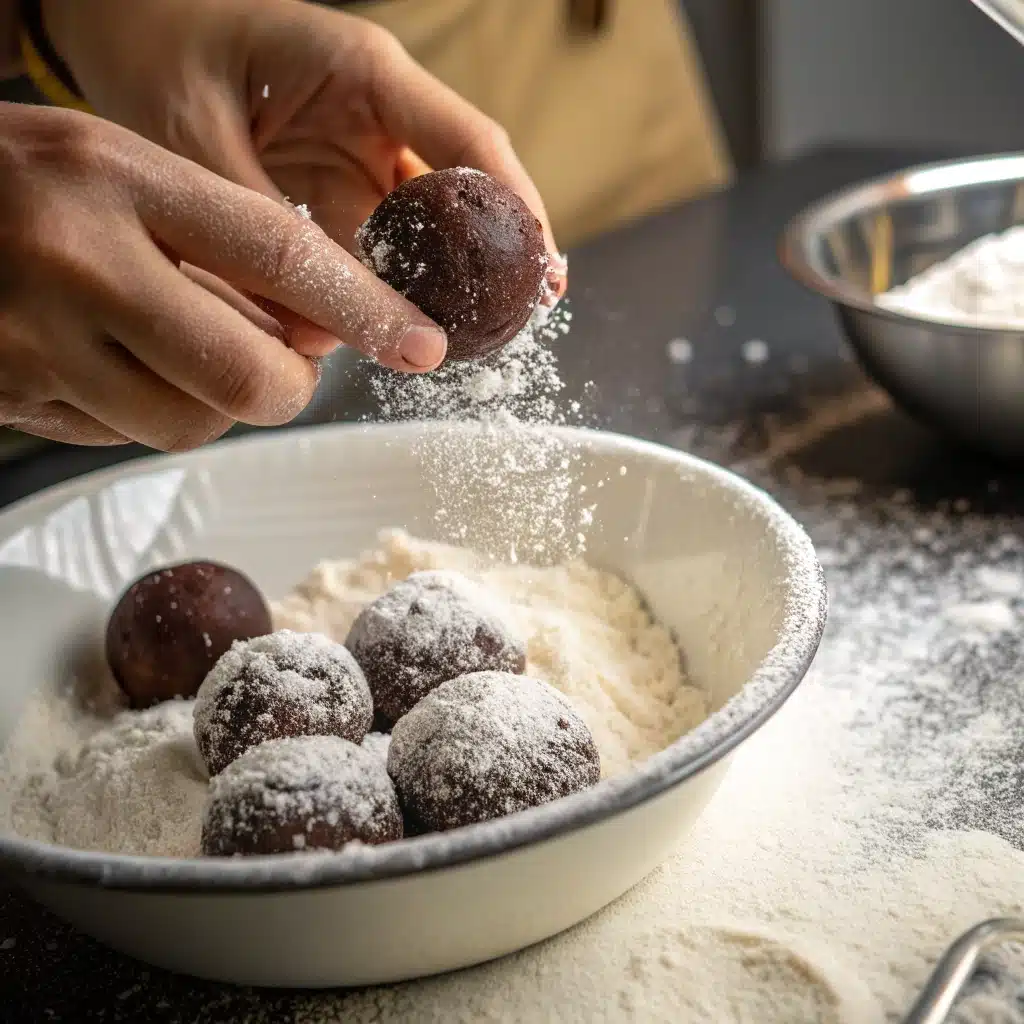 A hand rolling a dark chocolate dough ball in a bowl of powdered sugar.